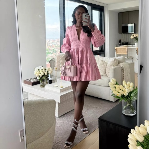 NWT Aje Fallingwater Gathered Mini Dress Chalk Pink Long Sleeve Blouson 24SU5568 - Picture 3 of 11